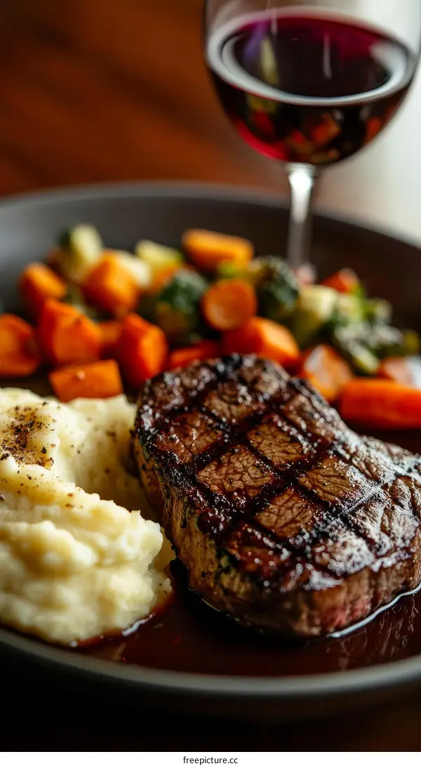 Delicious Grilled Steak with Roasted Vegetables and Mashed Potatoes