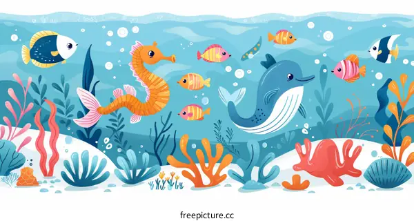 Underwater scene with cute cartoon sea animals