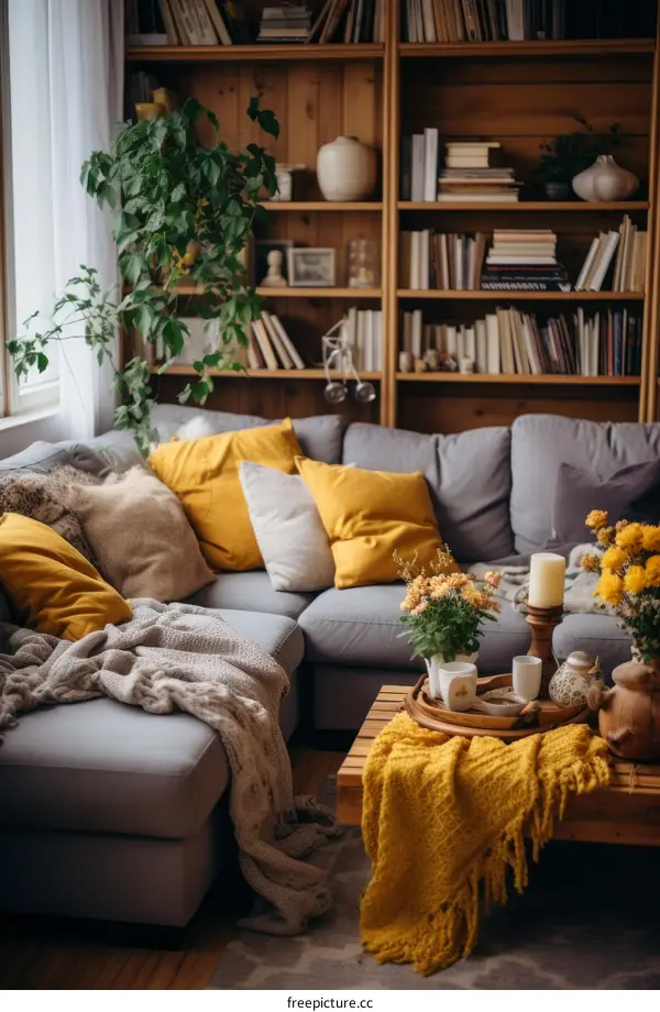 A Cozy Modern Living Room with a Large Sectional, Coffee Table, and Rug