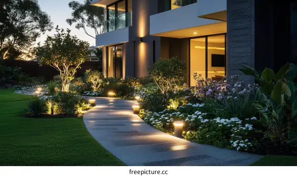 Modern Evening Garden Pathway with House Exterior