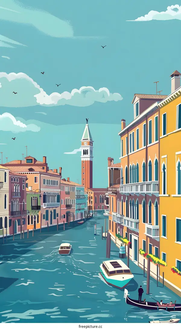 Venice Canal Illustration with Buildings and Gondola