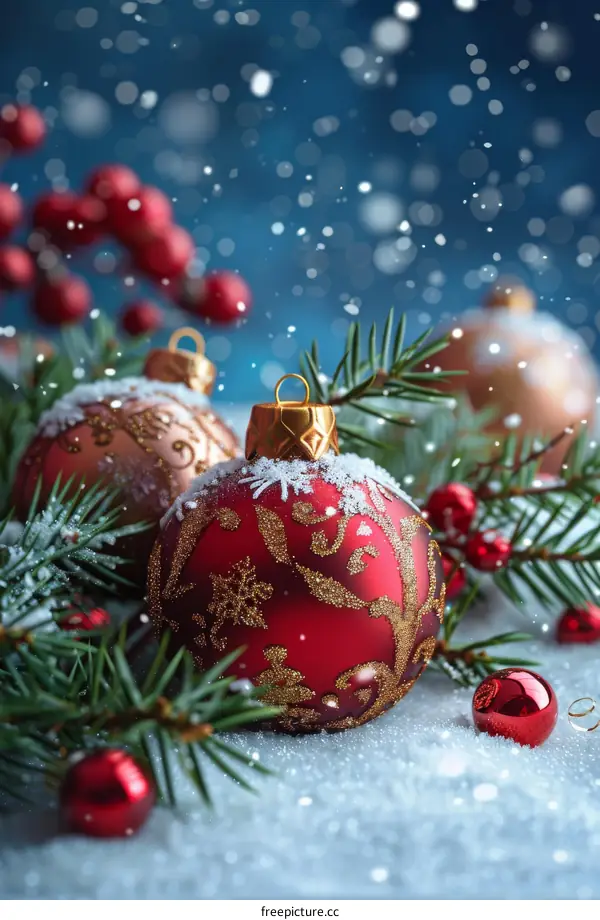 Red and Gold Christmas Ornaments with Snow and Pine