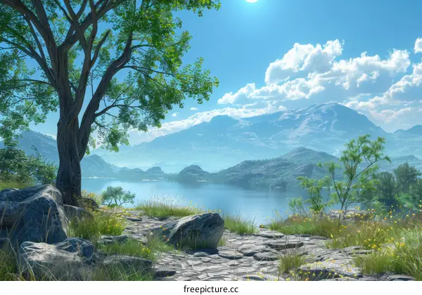 Fantasy Landscape with Majestic Tree and Mountains