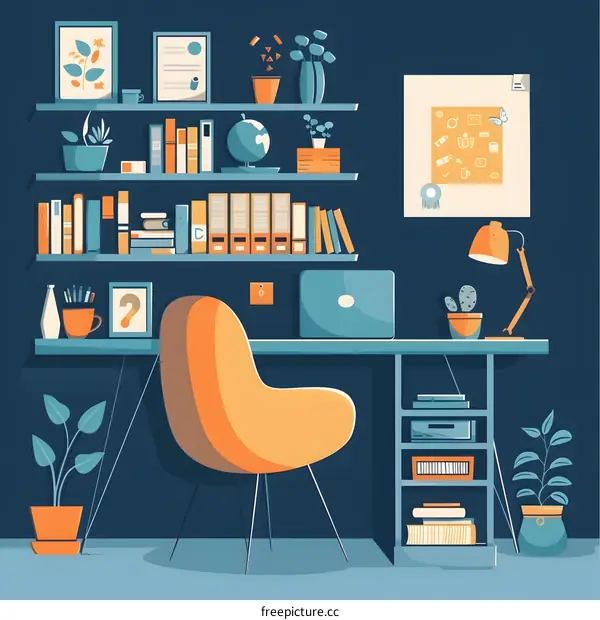 Modern Home Office Desk With Bookshelves And Laptop