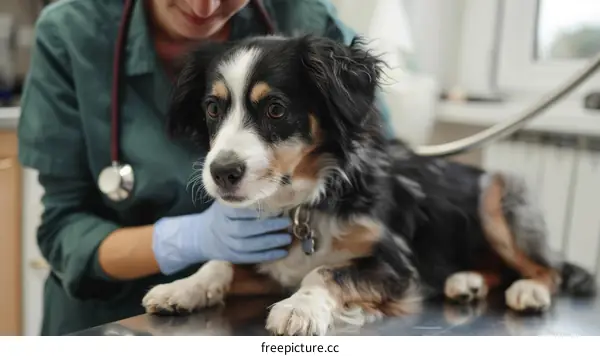 A veterinarian examines a dog in a veterinary clinic
