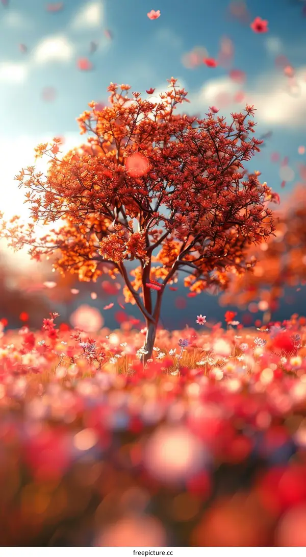 Lonely Autumn Tree in a Field of Colorful Flowers