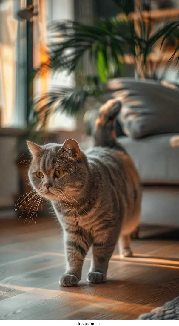 A cute gray cat is walking on the wooden floor in the living room