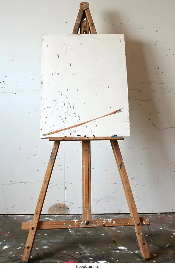 Wooden Easel With Blank Canvas And Pencil