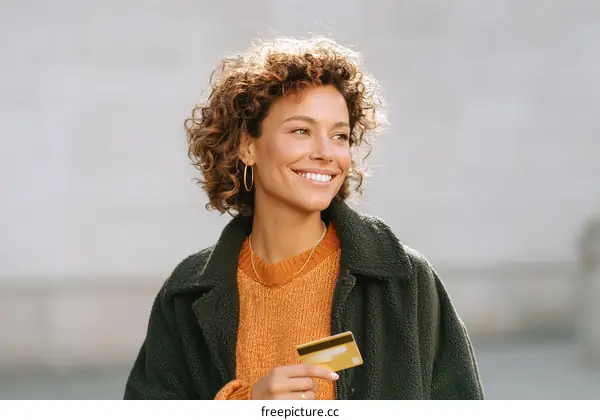 Smiling Woman Holding Credit Card Outdoors