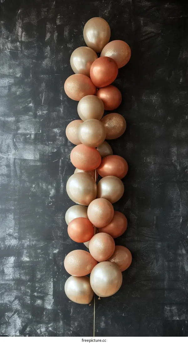 A vertical arrangement of variously-colored balloons.