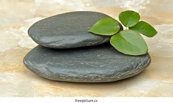 Zen Stones with Green Leaves