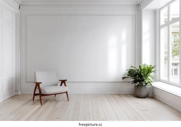 Modern Empty Room Interior Design with Wooden Chair and Plants