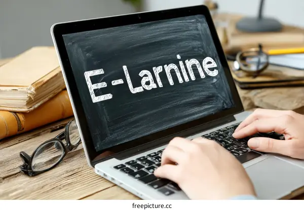 Laptop Displaying E-Learning Concept on Wooden Desk