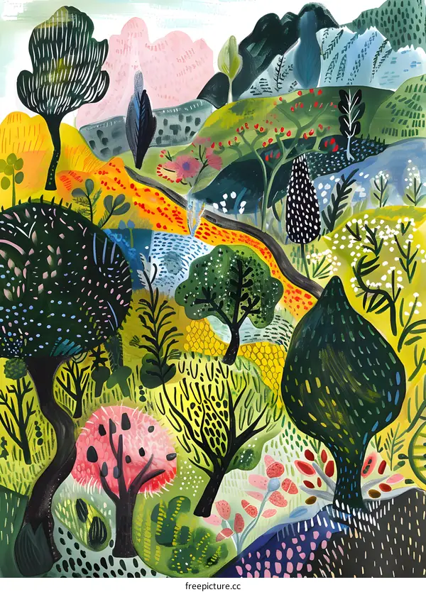 Watercolor Illustration of a Colorful Forest