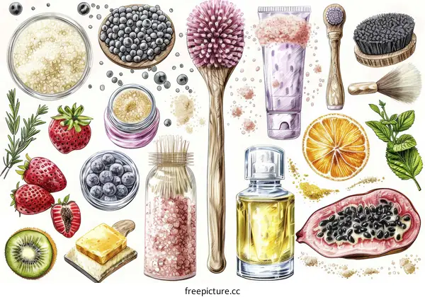 A collection of natural skincare ingredients, including fruits, vegetables, and herbs