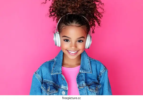 Smiling Girl with Headphones in Denim Jacket