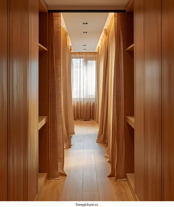 Modern Interior Design with Wooden Closet and Curtains
