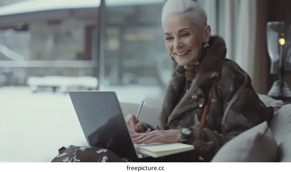Senior woman working on laptop and taking notes