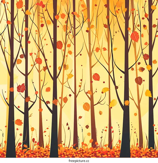 Autumn Forest Illustration with Falling Leaves