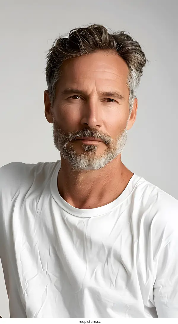 Portrait of a Handsome Middle Aged Man with Gray Hair and a White T Shirt
