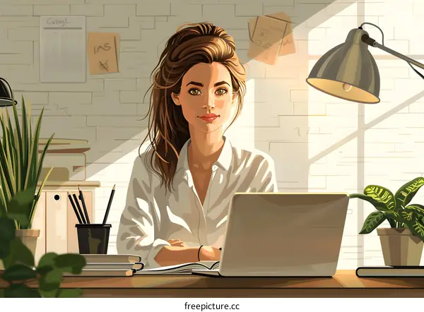 business woman working on laptop in home office
