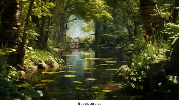 A beautiful forest with a river running through it