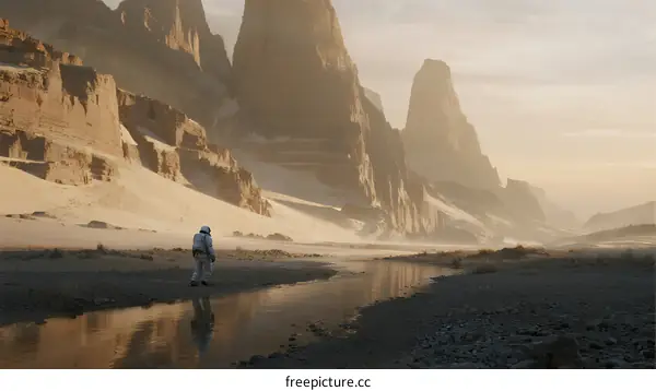 Astronaut Exploring Alien Desert Landscape with Rock Formations