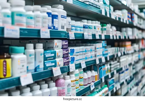 Pharmacy Shelves Filled With Medicine Bottles and Boxes