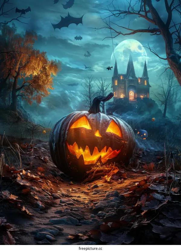 Creepy Pumpkin Carved Face with Halloween Atmosphere