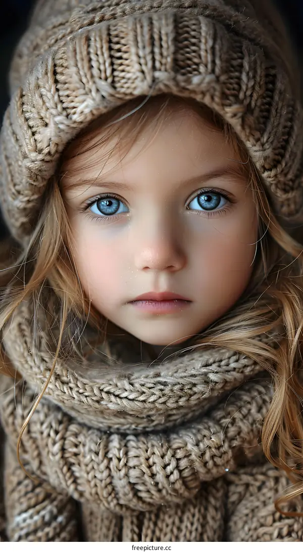 Closeup Portrait of a Young Girl with Blue Eyes Wearing a Knitted Hat