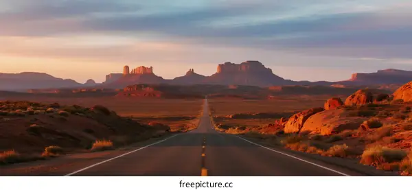 A scenic road leading through a vast desert landscape at sunset