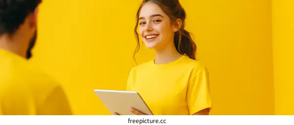 Smiling Woman Holding Tablet Computer in Yellow Shirt in Front of Yellow Background