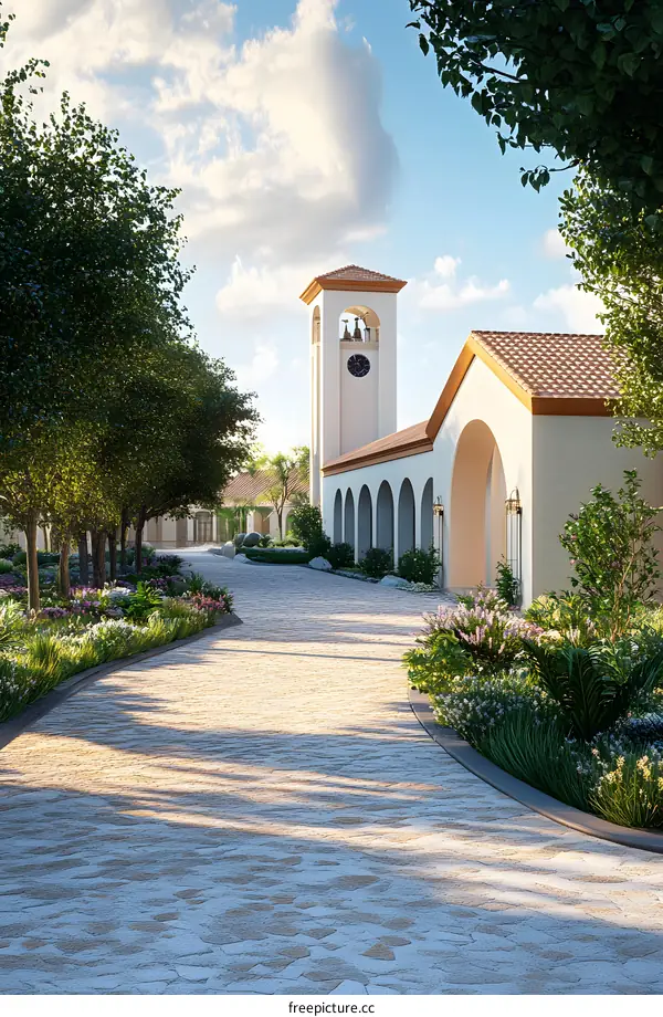 Stone Pathway Leading to a Bell Tower in Front of a Church