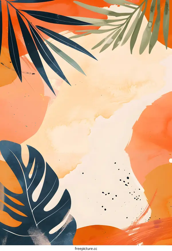 Abstract Watercolor Background with Tropical Leaves and Orange Colors