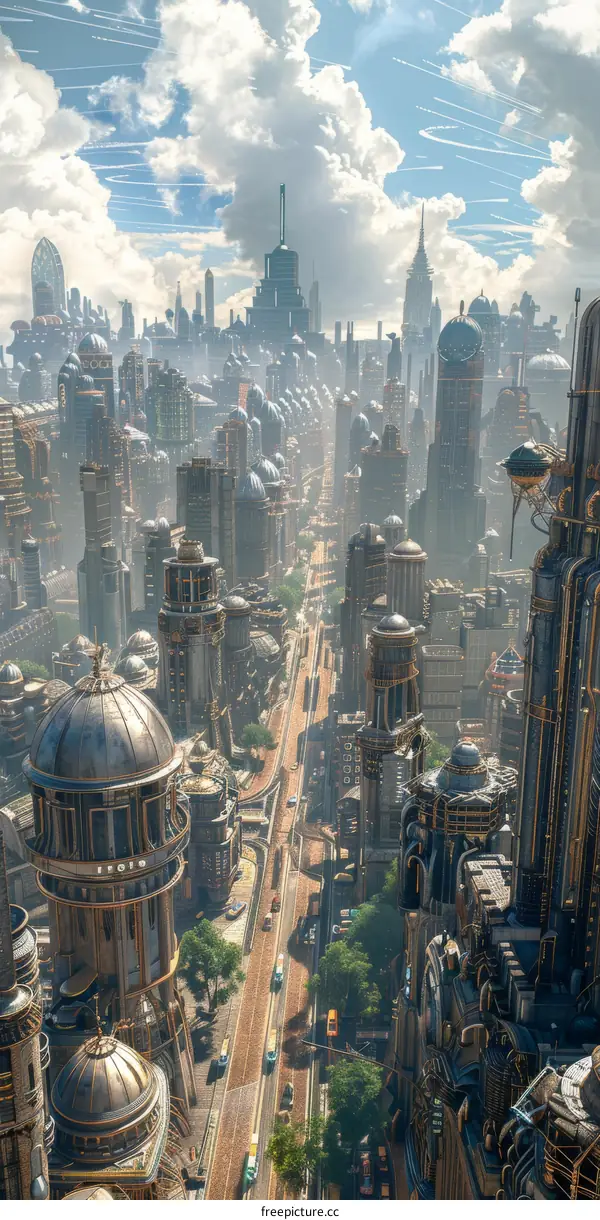 Aerial View of a Futuristic Steampunk Cityscape