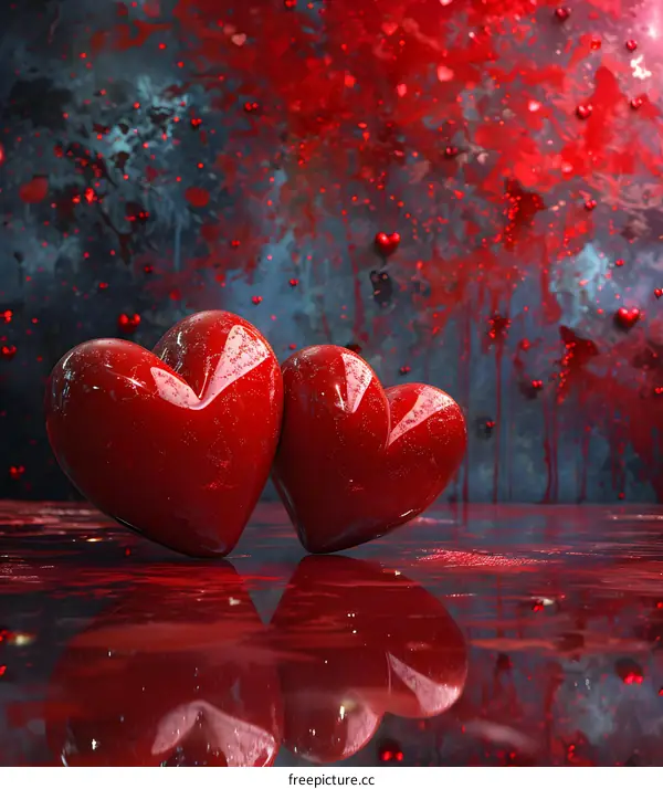 Two red hearts on a red background