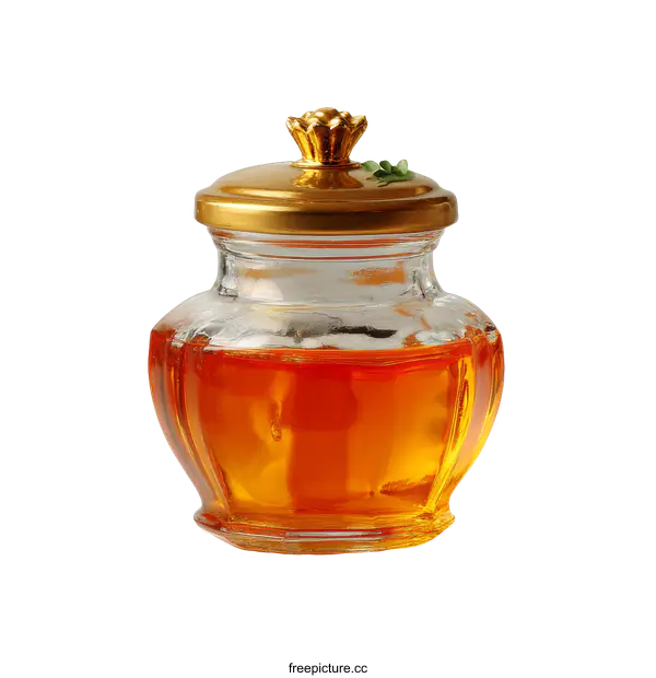 [Transparent Background PNG]Glass Jar with Golden Lid Filled with Amber Liquid