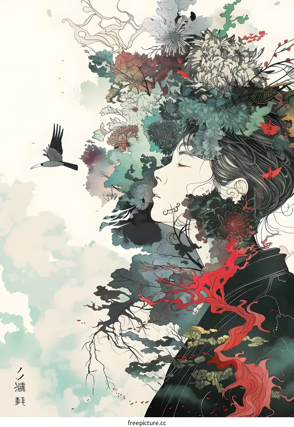 Woman With Floral Head and Bird