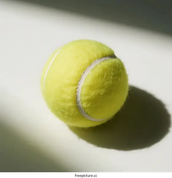 A close-up view of a yellow tennis ball on a white surface