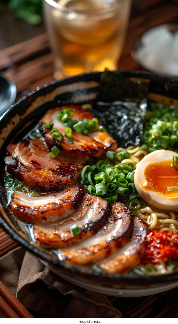 A delicious bowl of ramen with pork, egg, and vegetables