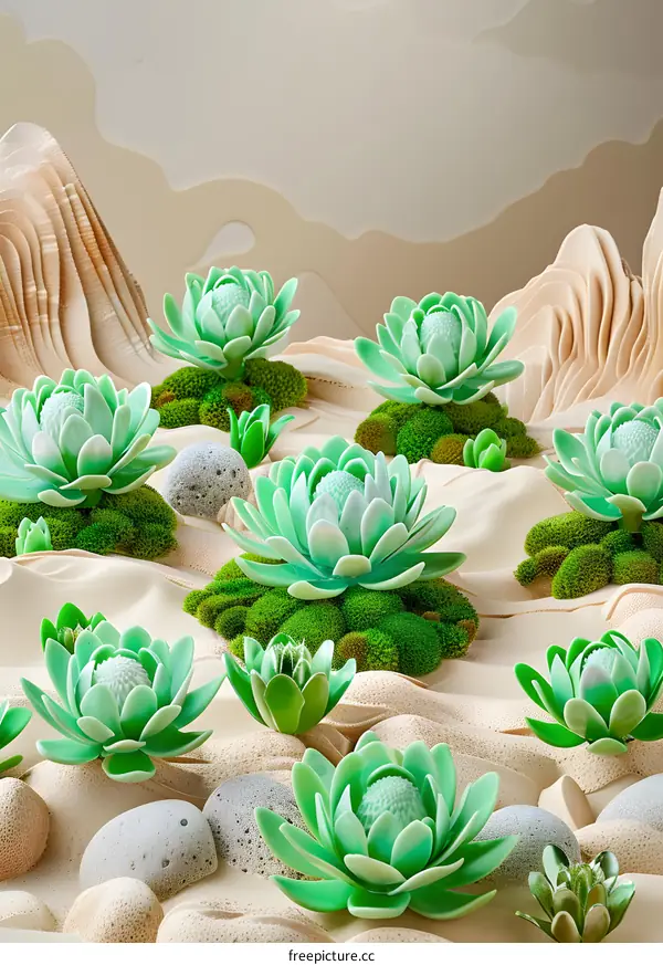Abstract Green Lotus Flowers with Moss and Stones