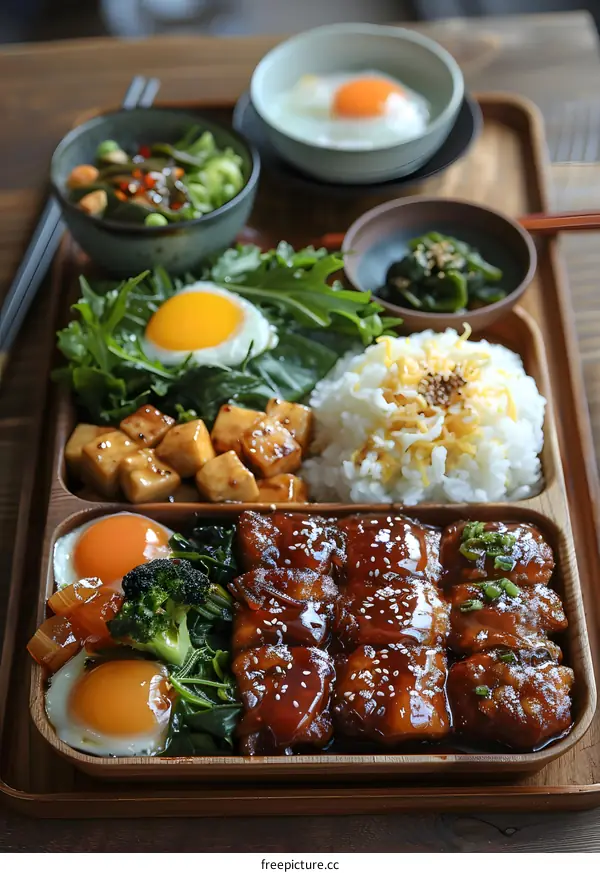 A delicious and healthy meal with rice, vegetables and meat