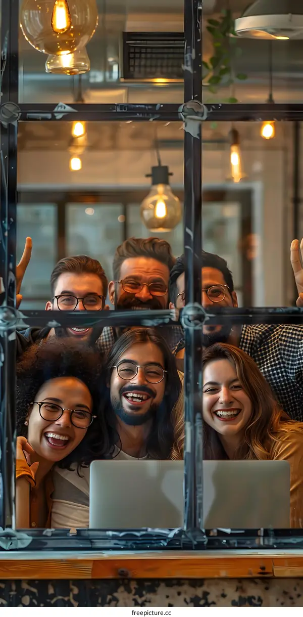 Group of diverse young professionals smiling and looking at the camera through a window.
