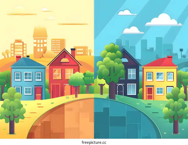 Colorful Illustration of Two Sides of City Landscape