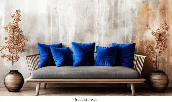 Modern Living Room with Blue Velvet Pillows