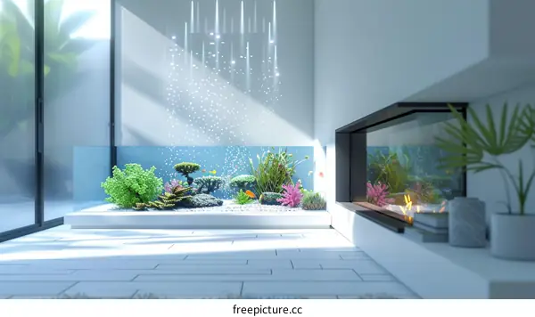 Modern Living Room with Large Fish Tank Aquascape