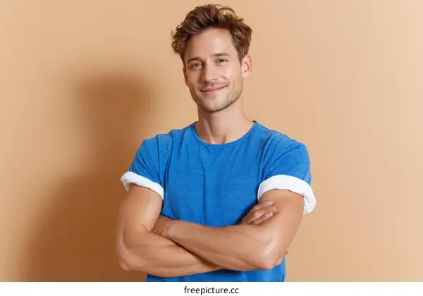 Smiling Man in a Blue T-Shirt Against a Beige Background
