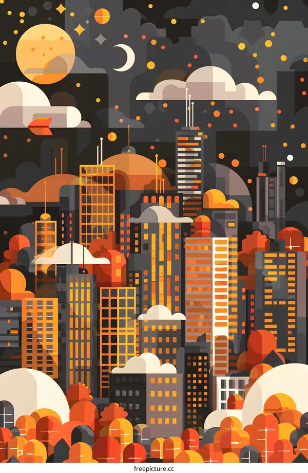 Night Cityscape Illustration with Moon, Stars, and Clouds
