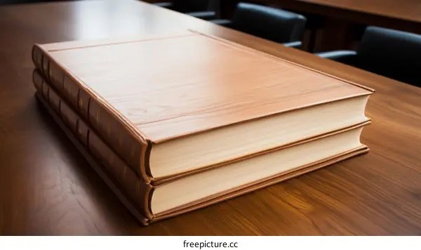 Large brown books on a wooden table