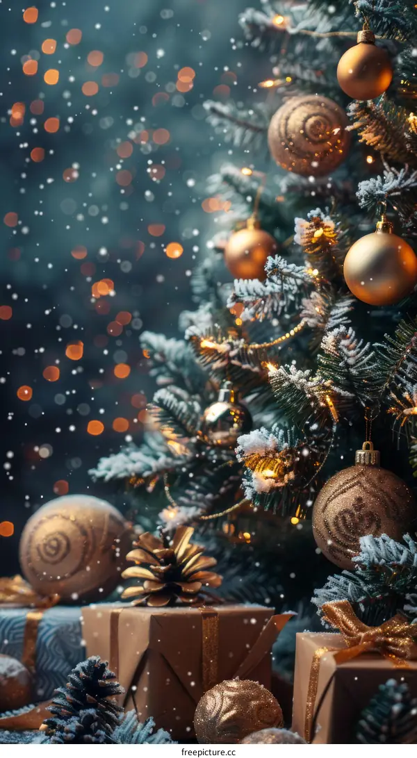 Christmas Tree with Golden Ornaments and Gifts